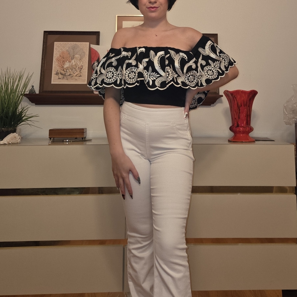 Express Black Off The Shoulder Ruffle Embroidered Crop Top. Size XS